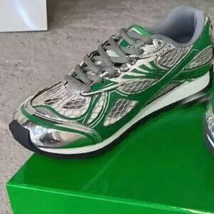 Bottega Veneta Men's Orbit Technical Fishnet Sneakers | Green/Silver | Size 44